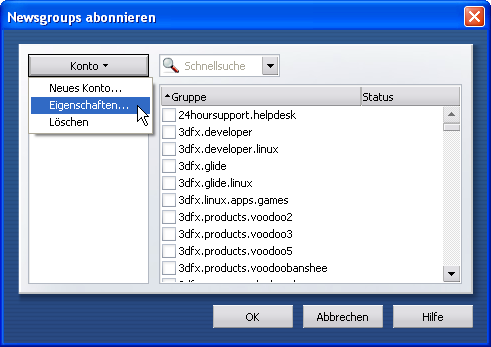 Newsgroups abonnieren: Konto - Eigenschaften