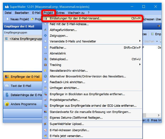 Supermailer: Projekt->Einstellungen für den E-Mail-Versand