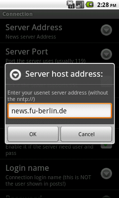 Settings: Server host address