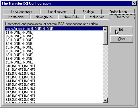 Menü: File / Configuration / Passwords / Edit - Benutzername und Passwort für den Newsserver