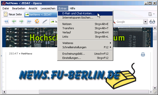 Auswahl: Extras - E-Mail und Chat-Konten