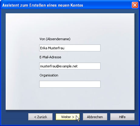 Eingabe Name, Vorname und E-Mail-Adresse