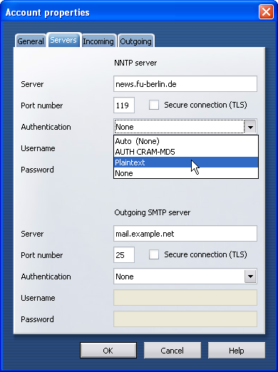 Register 'Servers': Authentication - Plaintext