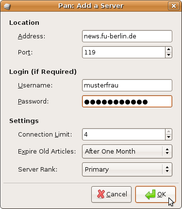 Angaben zum Newsserver eintragen