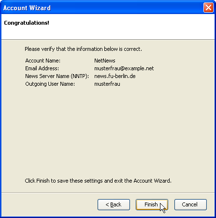 Account wizard: Final dialag