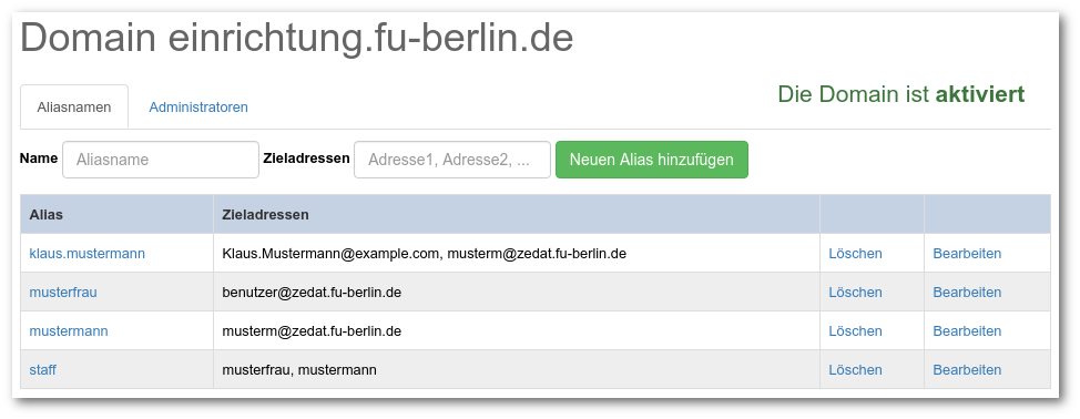 Adressverwaltung eines virtuellen Mailservers im ZEDAT-Portal